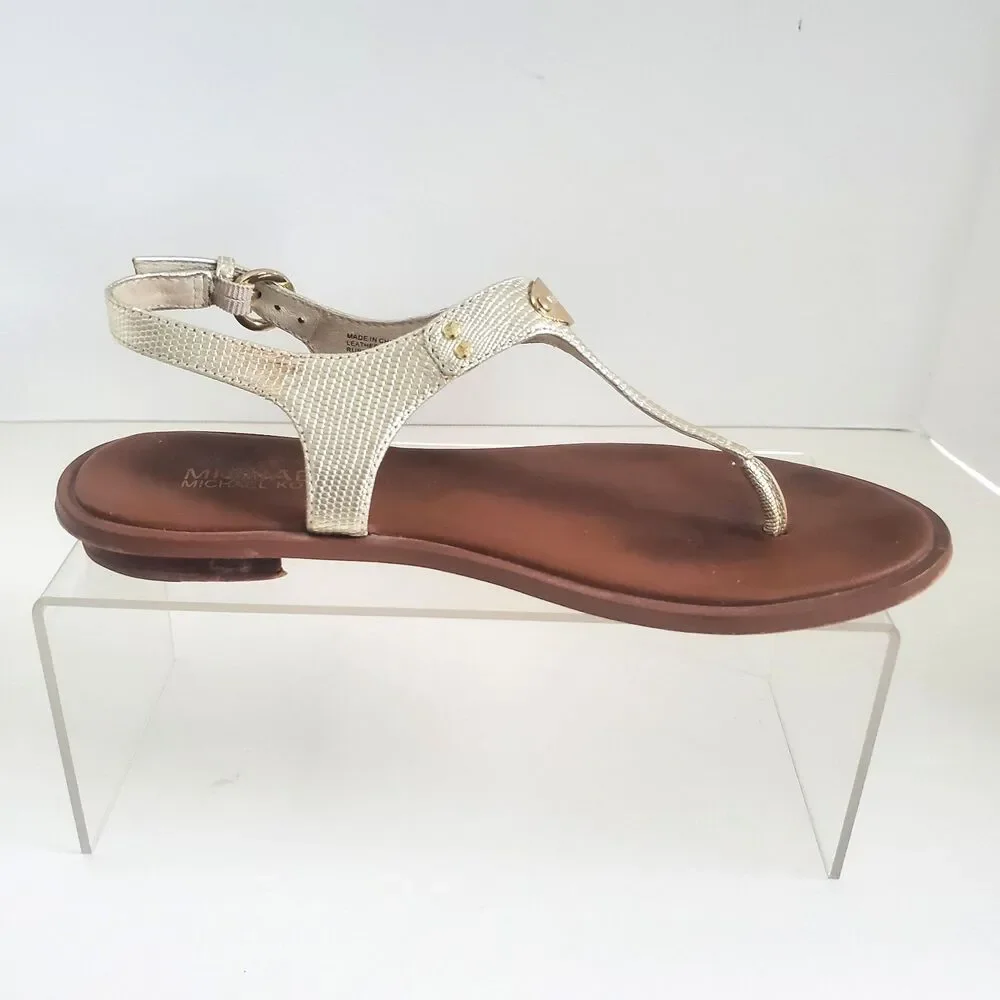 Michael Kors MK Plate Women's Thong Sandals Size 8M Gold Leather Ankle Strap